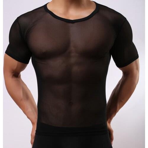 Mens Mesh See-through Fishnet T Shirt Sexy Short Sleeve Nightclub Wear T-shirt Men Party Perform Streetwear Tops Undershirt