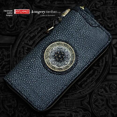 Genuine Leather Mens Wallet Fish Skin Leather Wallets Clutch Bags Long Wallet Stingray Skin Men Standard Wallets Zipper Solid