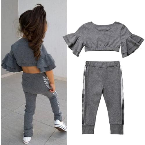 2020 New Summer Gray Toddler Kids Baby Girls Slim Fit Tops Pants Leggings Autumn Outfits Set Sports Clothes