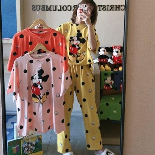 New Disney Mickey Mouse Minnie Summer Milk Silk Pajamas Womens Short-sleeved Trousers Cartoon Ladies Loose Home Service Suits
