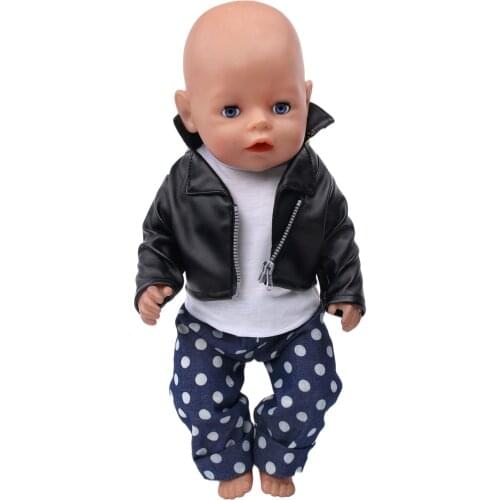 43 Cm Boy American Dolls Clothes 3Pcs/Set Black Polka-dot Pants Leather Suit Born Dress Baby Toy Accessories 18 Inch Girls f729