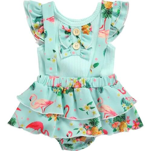 Newborn Flamingo Print Outfit Baby Girl Clothes Ruffled Ribbed Fly Sleeve Round Neck T-shirt Suspender Pants Childrens Clothing