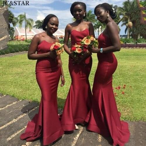 Vestidos fiesta boda new satin sexy sweetheart halter Burgundy mermaid black girl bridesmaid dress trailing simple wedding guest