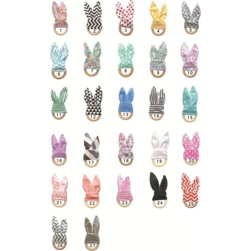 Baby Teething Wood Teether Baby Boy Bunny Ear Teether Safe Organic Wood Teething Ring Necklace Plaid Color Choice Shower Gift