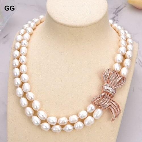 GuaiGuai Jewelry Natural Pearl 19"-21" 2 Strands White Rice freshwater Pearl bowknot connector choker necklace for women