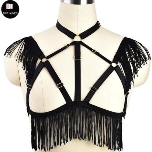 Women Black Tassel Body Harness Harajuku Sexy Cage Bra Punk Bondage Lingerie Harness Belt Goth Crop Top Rave Fetish Dress