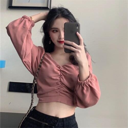 Shirts Women Puff Long Sleeve V-neck Sexy Crop Tops Solid Streetwear V-neck Womens Shirt Pleated Elegant Blouses Retro Slim tops