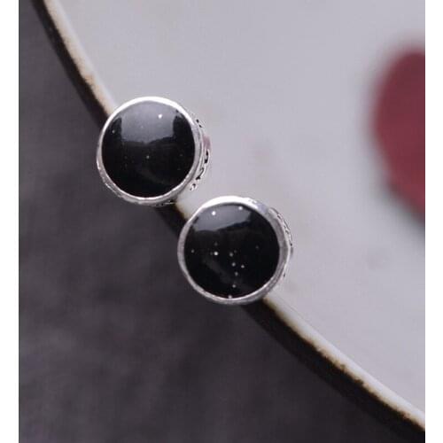 925 Sterling Silver Baking Varnish Round Stud Earrings Women Punk Earrings Vintage Party Wedding Jewelry for Girls Women Jewelry