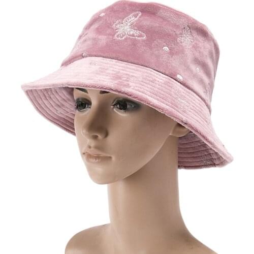 Gold Velvet Fisherman Hat Female Autumn/Winter Japanese Butterfly Printing Basin Hat European And American Shade Warm Bucket Hat