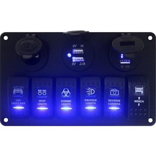 2017 Aluminum Blue 6 Gang Toggle Rocker Switch Panel & 12v/24v Power outlet socket /USB Charger Socket/Voltmeter & USB Socket