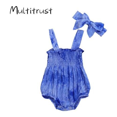 Summer Baby Girls Bodysuits Toddler Newborn Baby Girls Sleeveless Tie Dye Print Bodysuits Jumpsuits Headband Cotton Clothes