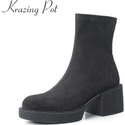 Krazing Pot flock material round toe thick heels fashion stretch boots slip on keep warm Hollywood superstar ankle boots l3f1