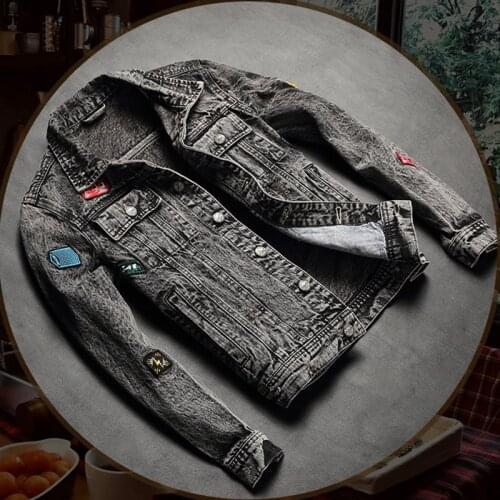 European and American punk jean jacket mens trend label ripped slim jacket gray riding casual clothes men