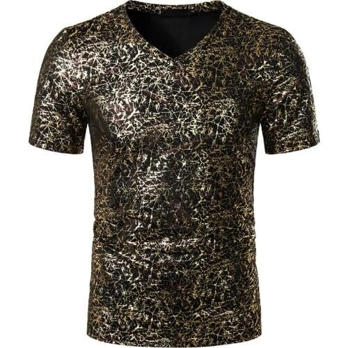 Mens Fashion Golden Bronzing T Shirts 2020 Summer Short Sleeve V Neck T Shirt Men Hip Hop Party Prom Stage Clothing For Men 2XL