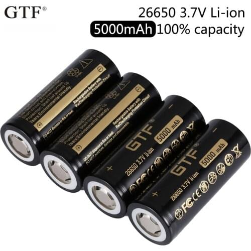 GTF 26650 3.7V 5000mAh real capacity Li-ion Battery for Flashlight UPS backup power supply flat head batteries