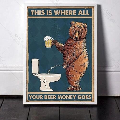 Grumpy Bear Drinking Beer To The Bathroom Canvas Poster Abstract Wall Art Print Picture for Bathroom Toilet The Wall Home Decor