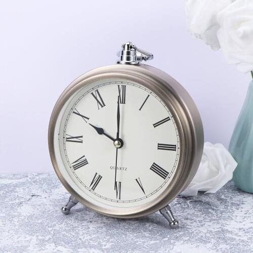 Metal Alarm Clock Roman Numerals Table Bedside Silent Alarm Clock without Battery