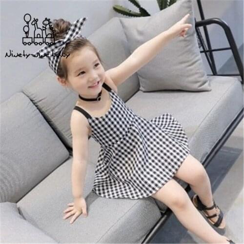 Fashion Girl Dress Plaid Solid Color Sling Ribbon Dress Baby Girl Childrens Clothing Spring Summer Princess Dress Beach Dress