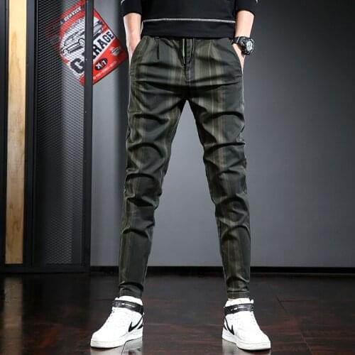 Fashion Mens Pants Casual Dark Green Stripe Trousers Streetwear Drawstring Oversized Joggers