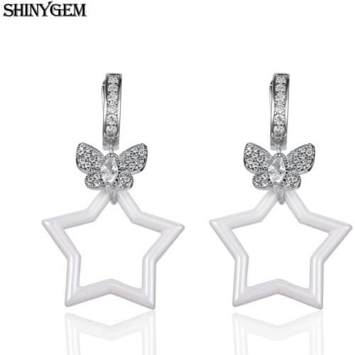 Fashion Pink Pottery Jewellery Delicate Lovely Butterfly Gold Plated Micro Inlay Zircon Crystal Ceramics Drop Earrings For Women