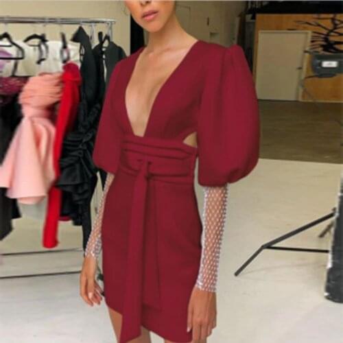 New Fashion Women Designer Red Black White Mini Bodycon V Neck Hollow Out Party Dress