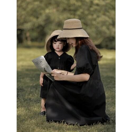 Parent Child Clothes Bubble Sleeve 2021 Summer New Girls' Single Breasted Korean Dress