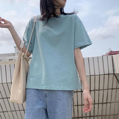 Hong Kong style simple solid color cotton top T-shirt womens summer 2021new Korean loose LARGE T-SHIRT round neck college style