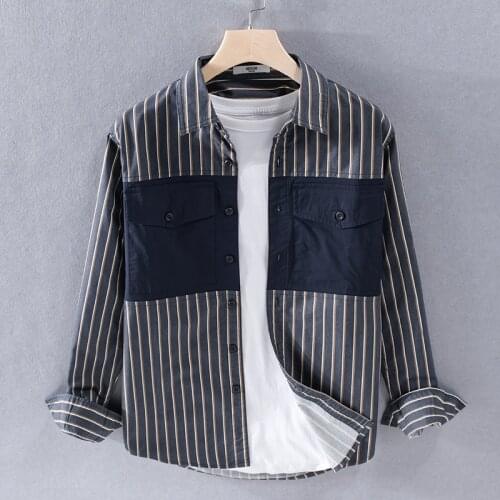 Japanese style long-sleeved casual shirt men fashion pure cotton shirts for men brand stripe patchwork shirt mens camisa chemise