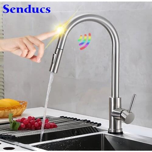 Senducs Touch Kitchen Mixer Faucets Brushed Nickel Pull Out Kitchen Mixer Tap Hot Cold Smart Sensor Touch Kitchen Faucets