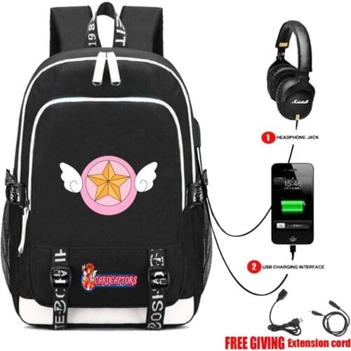 Students bookbag Men travel shoulder bag with USB Charging Headphone jack Backpack for anime Card Captor Sakura backpack 6 style