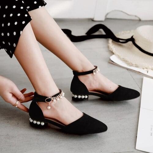 YMECHIC Summer Ankle Buckle Strap Bead Tassel Crystal Low Heels Pumps Pink Black White Wedding Party Office Shoes Woman 2018