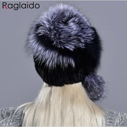 Natural Fur Hat Women Luxurious Winter Knitted Mink Black Fox Pompom Stylish Warm Elegant Girls Fashionable Thick Novelty Hats