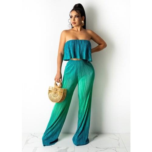 2021 New Arrival Famous Brand 2 pcs Women Set Print Draped Slash Neck Short Tops Long Pants Summer Casual Outfits