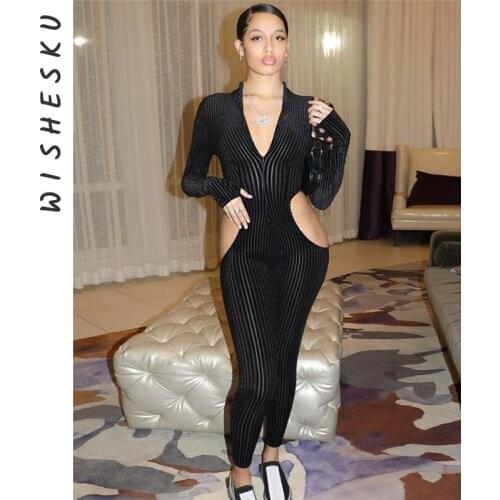 Ribbed Hollow Out Sexy Long Sleeve Skinny Jumpsuits Fashion Autumn 2021 Solid Bodycon Zipper Rompers Womens One Piece Overalls