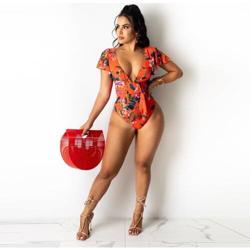 Yellow Orange Dloral Print One Piece Swimwear Women Sexy Deep V Neck Short Butterfly Overalls Summer Bandage Beach Bodysuits