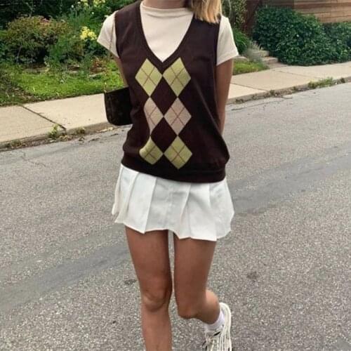 Student Sleeveless Female Vintage Vest Girlss Tops Women Sweater Vest Patchwork Korean Style V-neck Knitted Sweaters Leisure