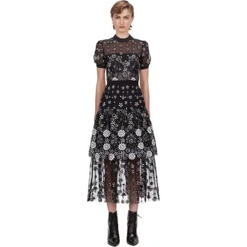 Elegant Fashion Runway Self Portrait Dress Women 2020 Black Sexy Perspective Sequins Dresses Party Ruffles Long Maxi Vestidos