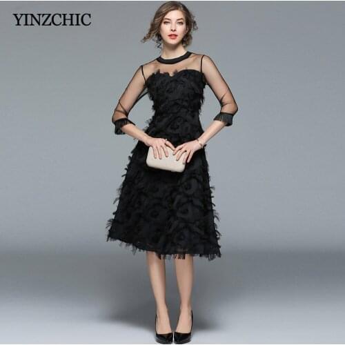 Woman spring black dress mesh patched female a-line dress elegant ladies party midi dress