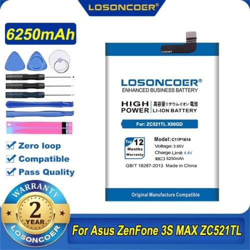 100% Original LOSONCOER 6250mAh C11P1614 Battery For Asus ZenFone 3S MAX ZC521TL X00GD Dual SIM TD-LTE ZenFone Pegasus 3S