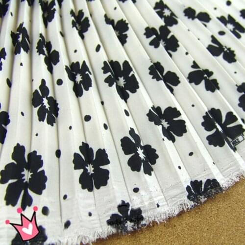 2 Meters Ivory Black Printing Flower Pleated Accordion Chiffon Fabric Dress Clothes Sewing Materials 150cm 59" Width MM475
