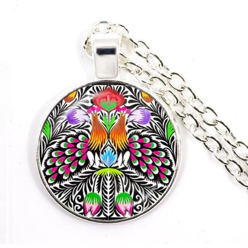 2019 New Polish Folk Art Patterns Flowers Necklace 25mm Glass Dome Cabochon Ethnic Bohemia Pendant Jewelry For Women Gift