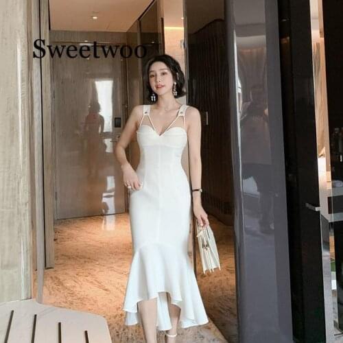 2020 New Spring Summer Sexy V Neck White Dresses Womens Zipper Bodycon Evening Party Club Slim Short Mini Mermaid Dress Birthda