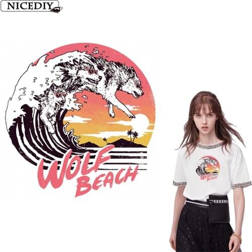 Nicediy DIY Accessories Hot Transfers Wolf Beach Iron On Patches Hot Stripe On Clothes Cartoon Stickers For T-shirts Cute Things