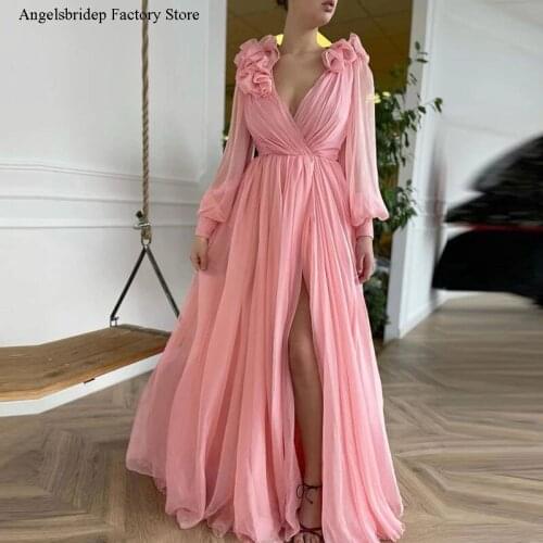 Angelsbridep 2021 Elegant Baby Pink A Line Chiffon Prom Dresses Long Sleeve V Neck Draped Shoulder Side Slit Formal Evening Gown