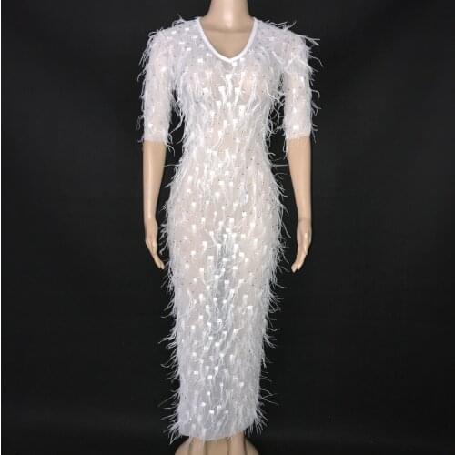 White Transparent Feather Rhinestone Dress Women Dance Sexy Costume Outfit Prom Birthday Celebrate Long Dress