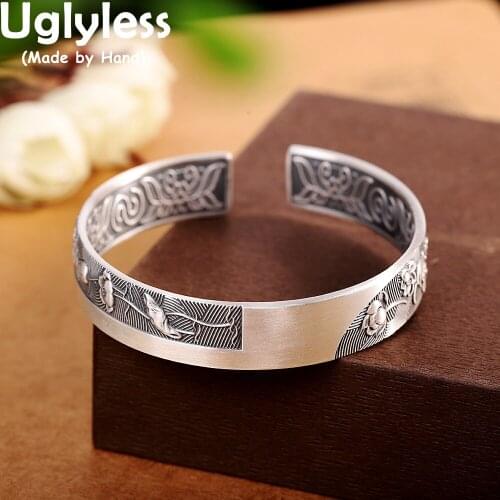 Uglyless Flowers Inside Lantern Bangles for Women Real Ag999 Pure Silver 12MM Ethnic Bangles Chinese FU Cultural Jewelry Vintage