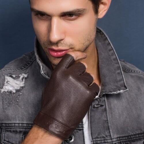 HIGHSHINE Spring Mens Genuine Leather Gloves Driving Unlined 100% Fingerless Gloves