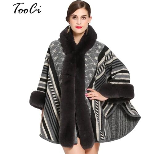 New Fashion Spring Striped Cardigan Womens Imitation Rex Rabbit Fur Beige Collar Hooded Knitted Shawl Cape Coat