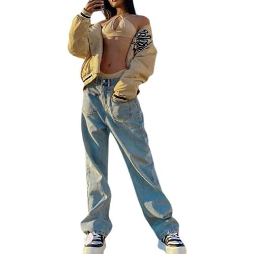 Pockets Front Fashion Wide Leg Straight Jeans Women Casual High Waist Baggy Loose Long Denim Trousers Oversize Pants