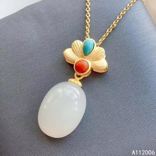 KJJEAXCMY fine jewelry 925 Silver inlaid Natural white jade agate Gemstone classic necklace ladies pendant support check